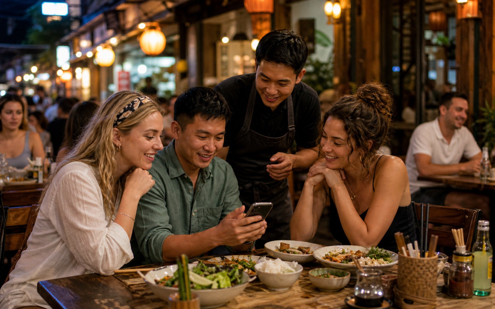 International diners ordering together at a lively food street restaurant