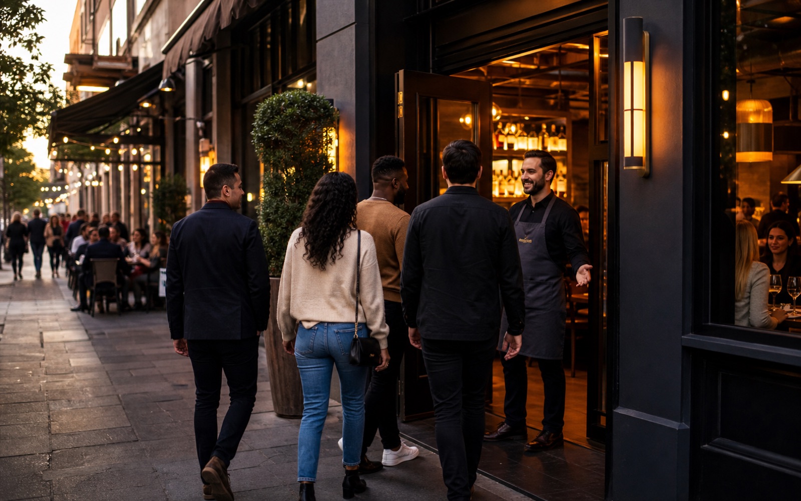 Guests entering a warm modern restaurant from a lively food street